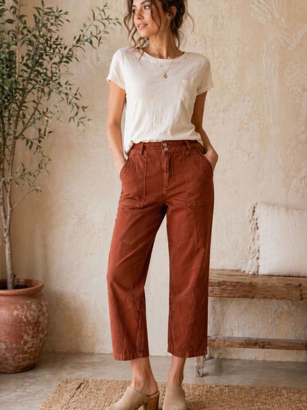 Pilcro Anthropologie Rust Utility Crop Pants 32P High Rise Boho